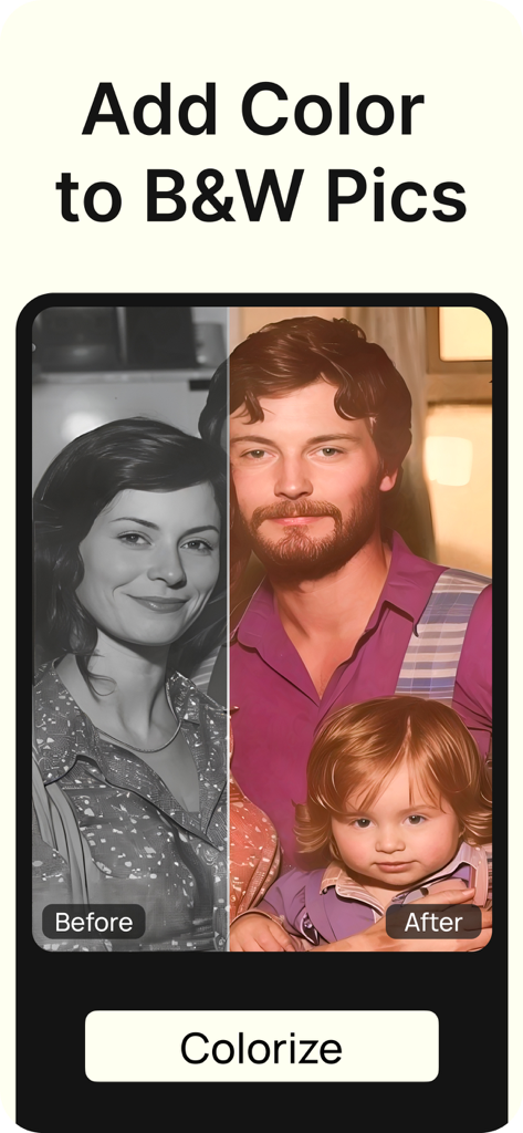 Before and after comparison of a black and white family photo colorized using AI photo restoration