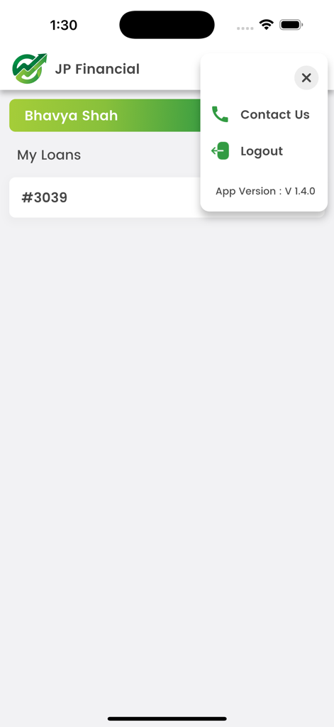 Lending-Hub - Lending-Hub app screen showing a user dashboard with an active loan and a side menu containing contact and logout options.