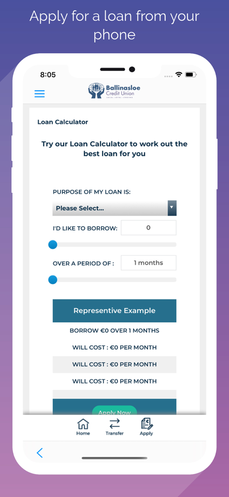 Ballinasloe Credit Union - Ballinasloe Credit Union mobile app loan calculator interface