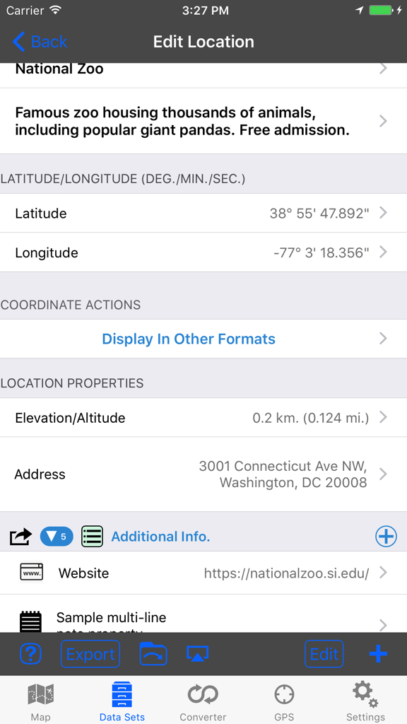 GPS & Map Toolbox - A screenshot of the GPS and Map Toolbox app showing detailed location information including coordinates, elevation, and address for a specific point.