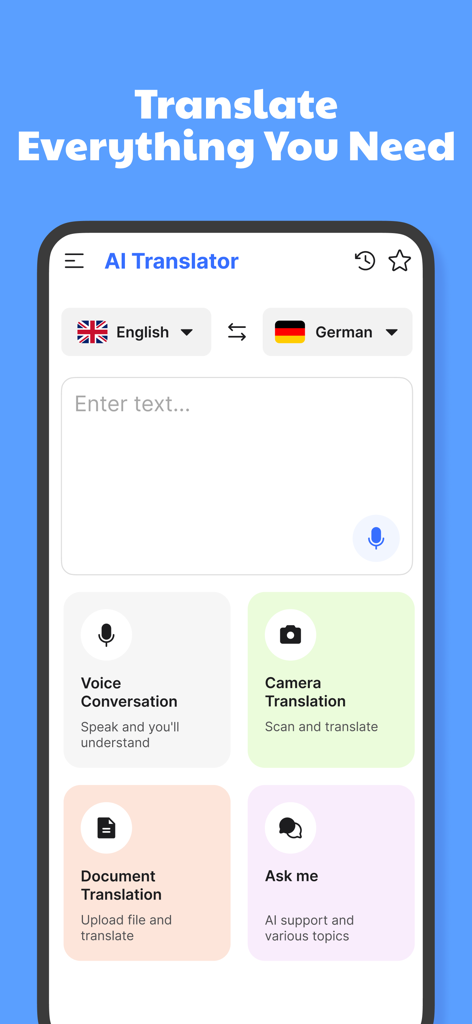 AI Translator app interface showing voice camera and document translation features