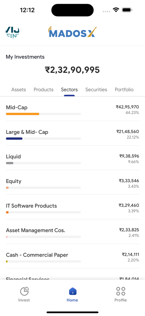 MIDASX - MIDASX app screen showing investment portfolio valuation and sector distribution