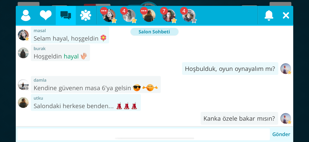 Social chat room interface in the Okey and Banko mobile app