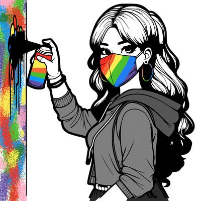 realistic girl with mask spray painting a wall