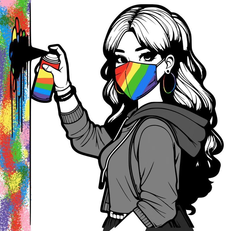 realistic girl with mask spray painting a wall