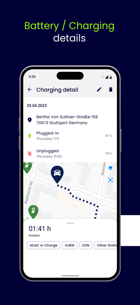 TRONITY - Screenshot der TRONITY-App-Oberfläche, die Details zum Laden des Elektrofahrzeugs anzeigt, einschließlich des Batteriestands und einer Standortkarte.