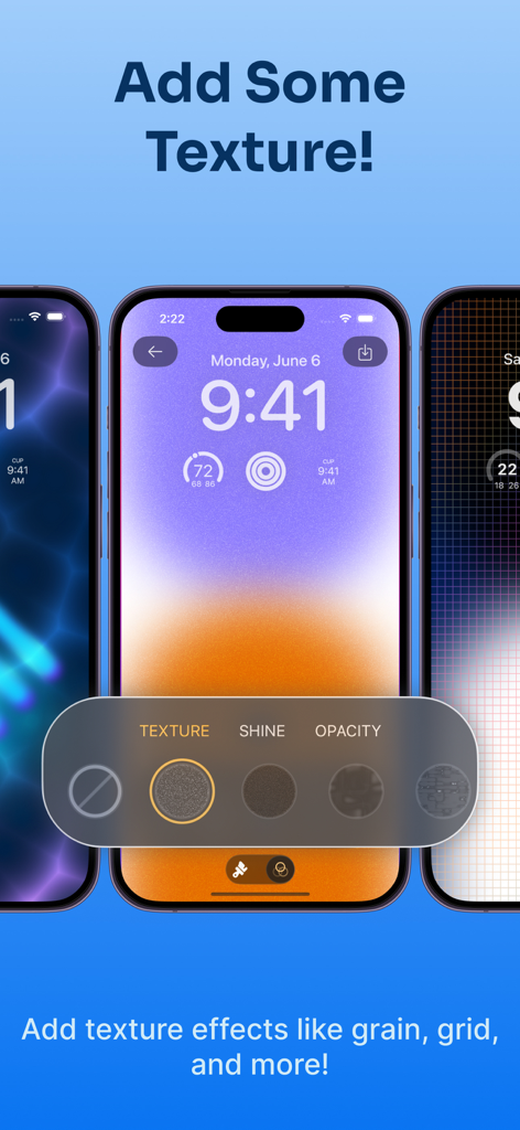 Minipaper: Wallpaper Maker - Oberfläche der Minipaper-App, die Optionen zur Hinzufügung von Texteffekten wie Körnung und Gitter zu benutzerdefinierten iPhone-Hintergrundbildern zeigt