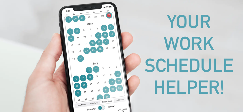 Simple Working Calendar - A hand holding a smartphone showing the Simple Working Calendar app with work shifts highlighted in teal
