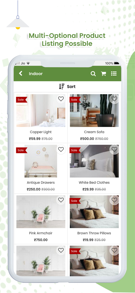 家具製品のグリッド、セールラベル、並べ替えオプションを表示するモバイルアプリインターフェース