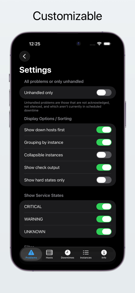easyNag Monitoring - easyNag Monitoring app settings screen showing customizable display options and service state filters in dark mode