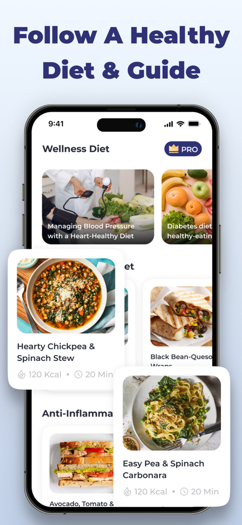 Smart Blood Pressure Monitor - Smart Blood Pressure Monitor app screen showing heart-healthy recipes and wellness diet guides