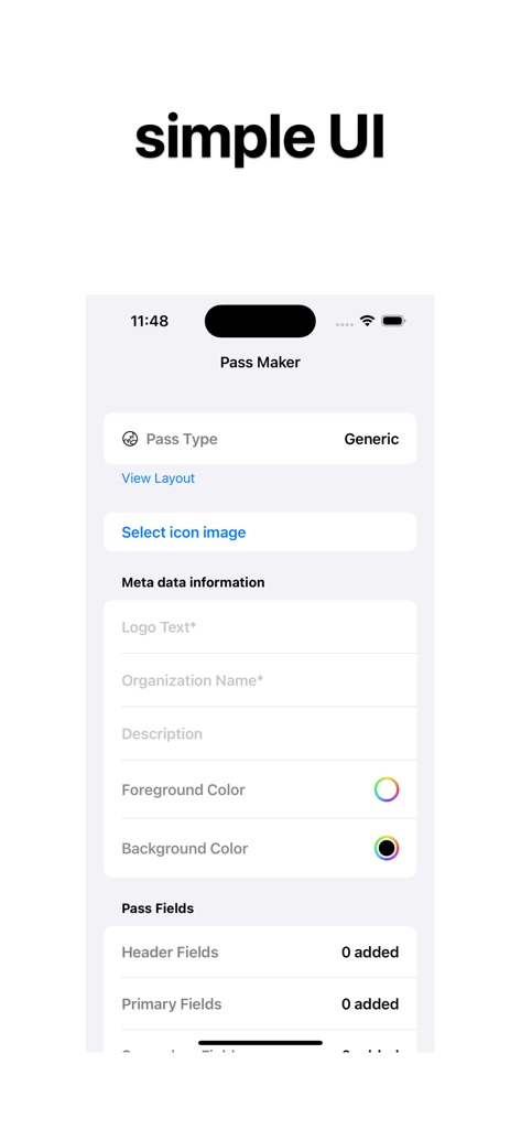 Captura de tela do aplicativo Pass Maker mostrando uma interface de usuário simples para projetar passes digitais personalizados para carteira com opções de metadados e cores.