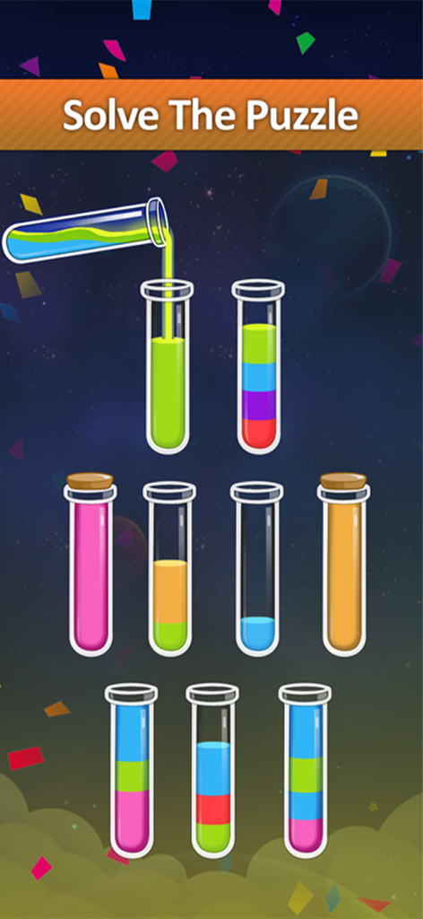 Water Sort Puzzle: Pour Color - Una captura de pantalla de la jugabilidad de Water Sort Puzzle mostrando múltiples tubos de ensayo con líquidos coloridos ordenándose debajo del texto Resuelve El Rompecabezas