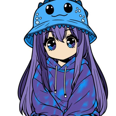 girl with anime shaped eyes with a dinosaur bucket hat oversized sweatshirt long straight hair