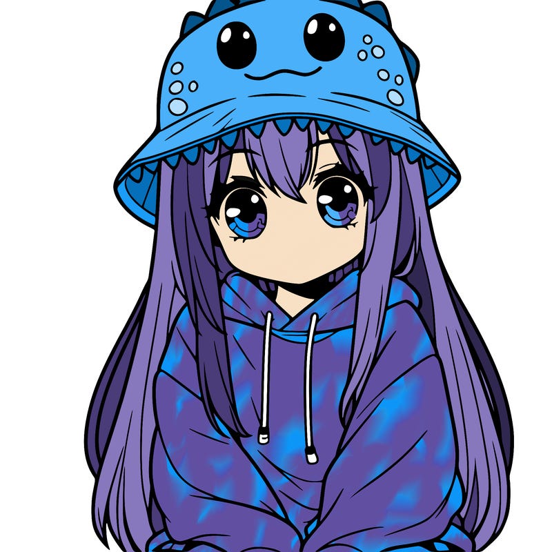 girl with anime shaped eyes with a dinosaur bucket hat oversized sweatshirt long straight hair