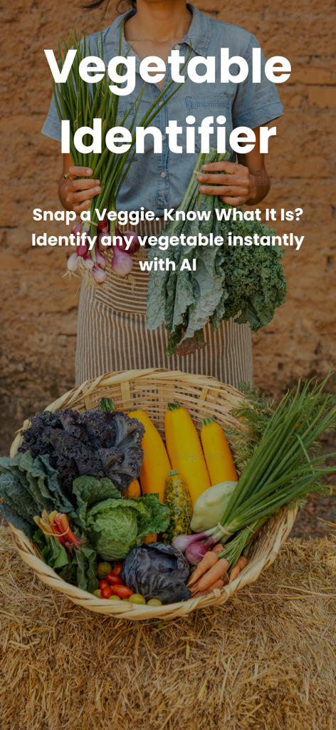 Vegetable Identifier: AI Scan - 野菜識別アプリのために、葉物野菜の束と多様な野菜が入ったバスケットを持つ人