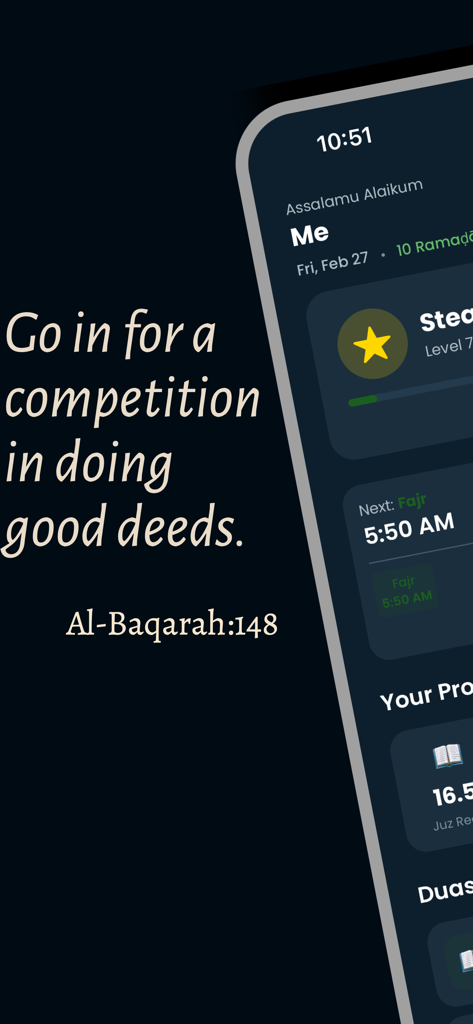 Tela inicial do aplicativo Desafio do Ramadã mostrando horários de oração e acompanhamento de progresso espiritual