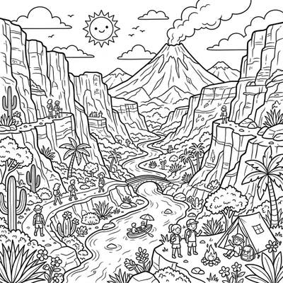 Dive into a thrilling summer coloring adventure set amidst awe-inspiring volcanic canyons. This intricate page features bustling trails, a serene river, and a lively campsite, ready for your creative touch.