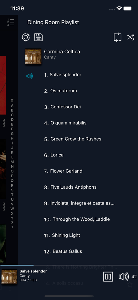 The Linn Kazoo app interface showing a music playlist for a dining room with playback and volume controls.