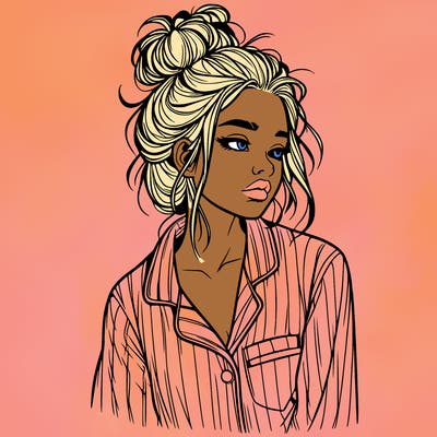 realistic woman with pajamas on and a messy bun