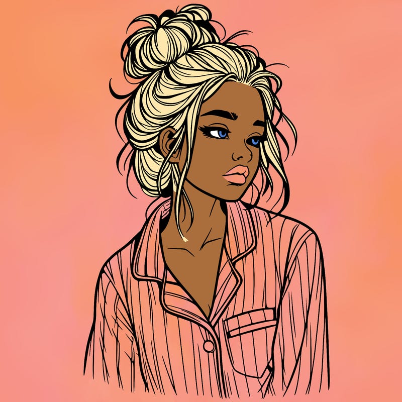 realistic woman with pajamas on and a messy bun