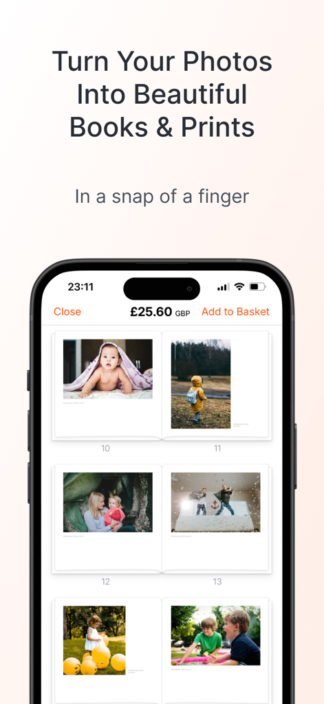 23snaps: Private Family Album - Smartphone screen showing the 23snaps app interface for creating custom family photo books and prints