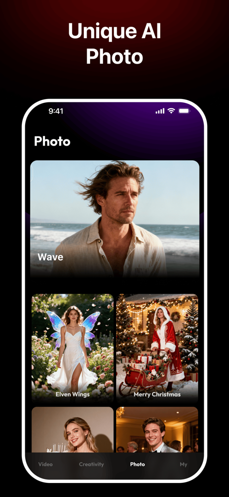 Vidgram: AI Video Generator - Interfaz de la aplicación Vidgram que muestra plantillas únicas de fotos IA, incluyendo alas de elfo y temas de temporada