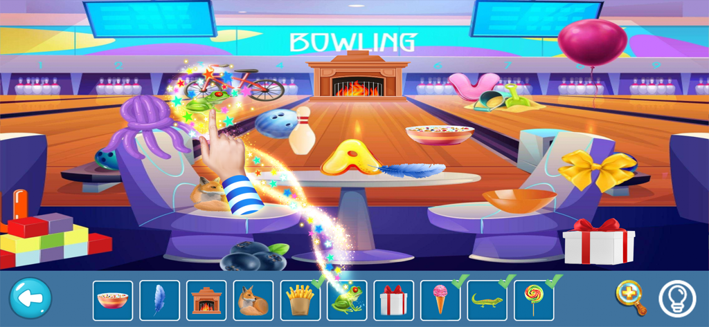 Colorful hidden object game screen for kids in a bowling alley setting