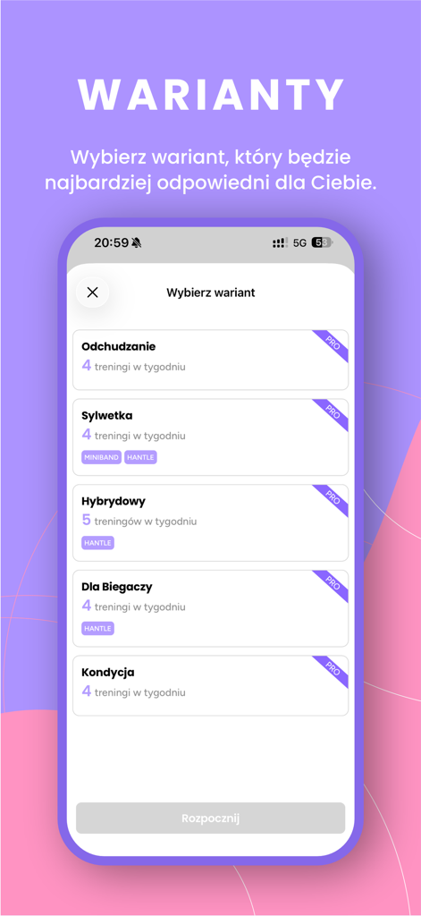 Codziennie Fit - Codziennie Fit app screen showing different training plan variants like weight loss figure and runners