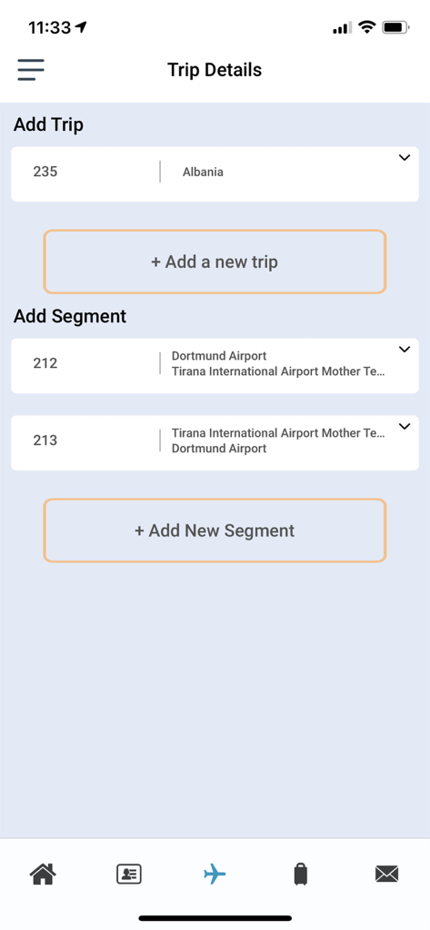 MyTravel.ID - MyTravel.ID app interface for adding trip details and flight segments.