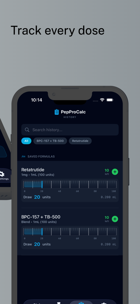 PepProCalc app history screen displaying tracked peptide doses and saved formulas