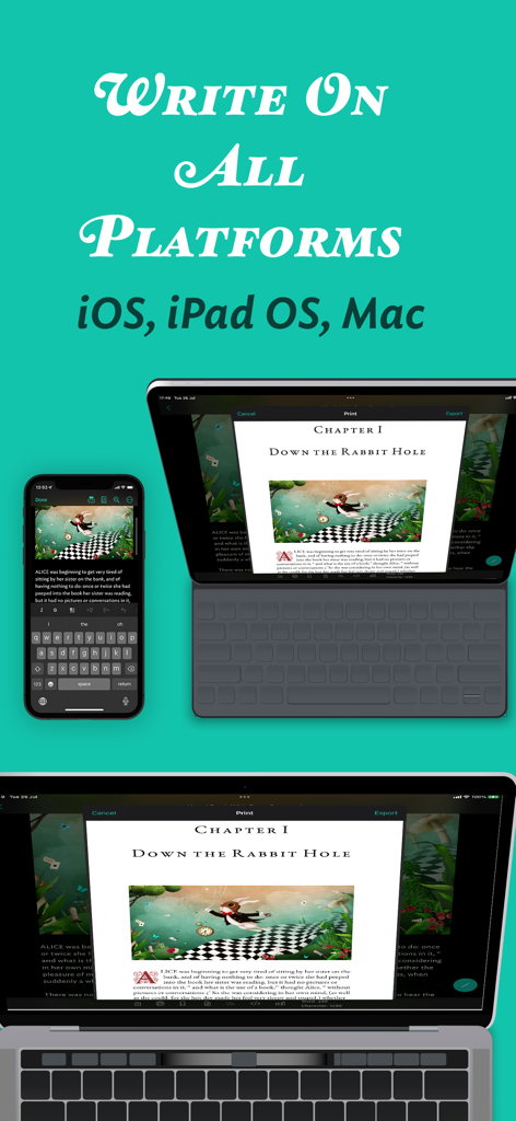 JotterPad - Novel, Screenplay - iPhone, iPad 및 Mac에서 표시되는 JotterPad 앱 인터페이스로, 플랫폼 간 문서 동기화를 보여주는 중
