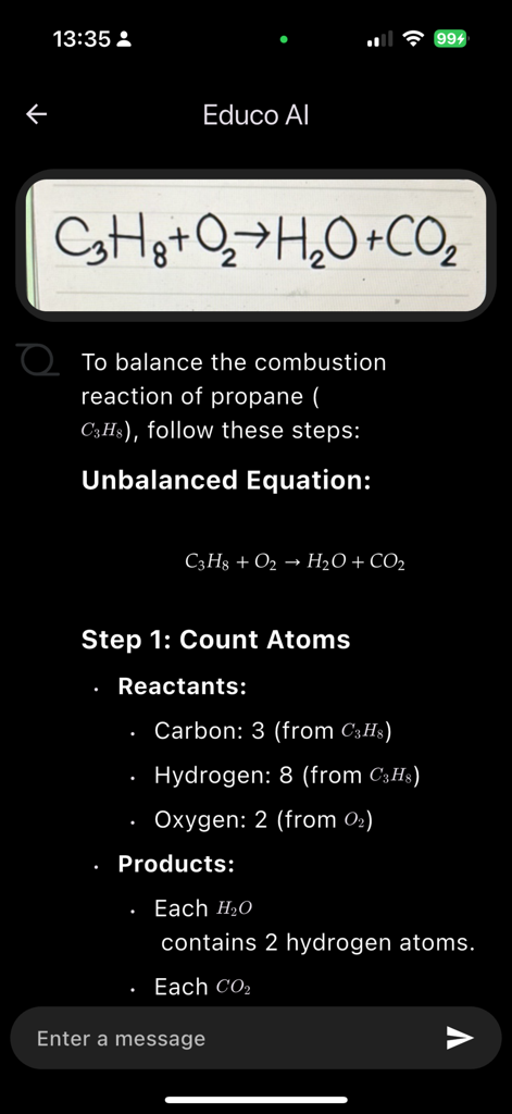 PhotoHelp - Homework Help - PhotoHelp app interface showing a step-by-step solution for balancing a chemical equation.