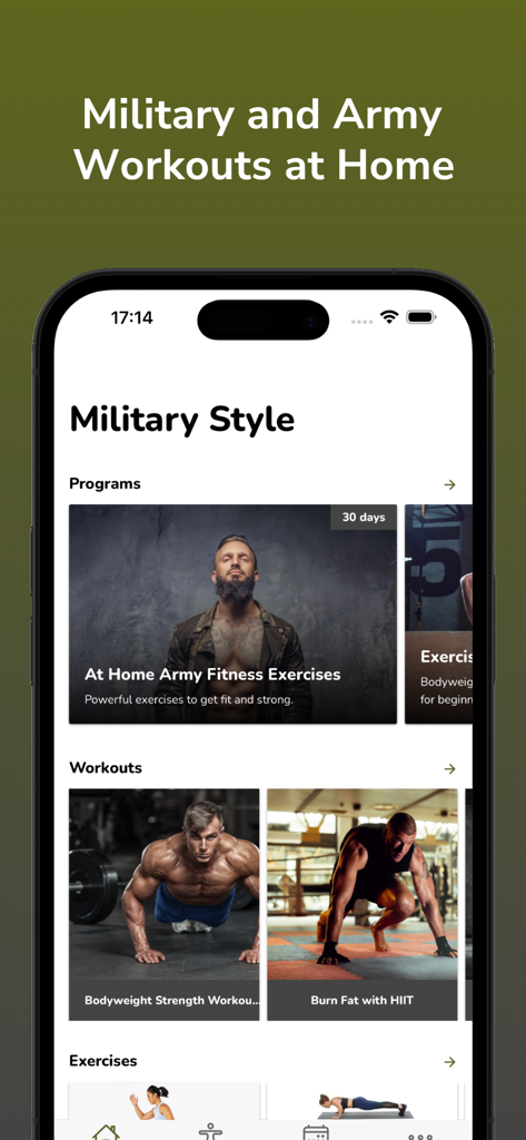 Interfaz de una aplicación de fitness que muestra programas de entrenamiento de estilo militar y ejercicios de fuerza con peso corporal para entrenamiento en casa.