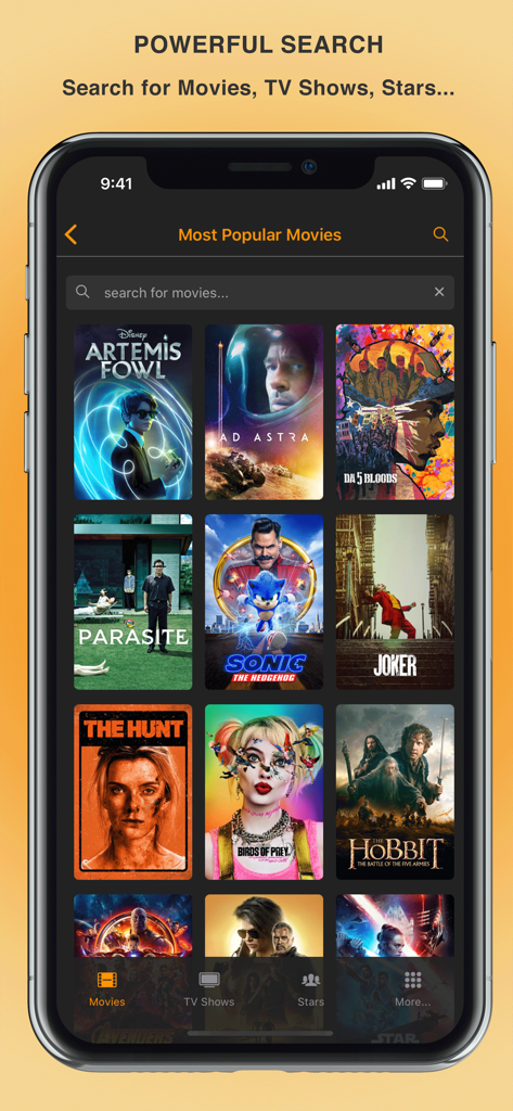 Movielab app screen showing popular movie posters and search bar