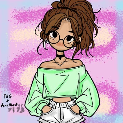 girl with a messy ponytail glasses a baggy crop top and jean shorts