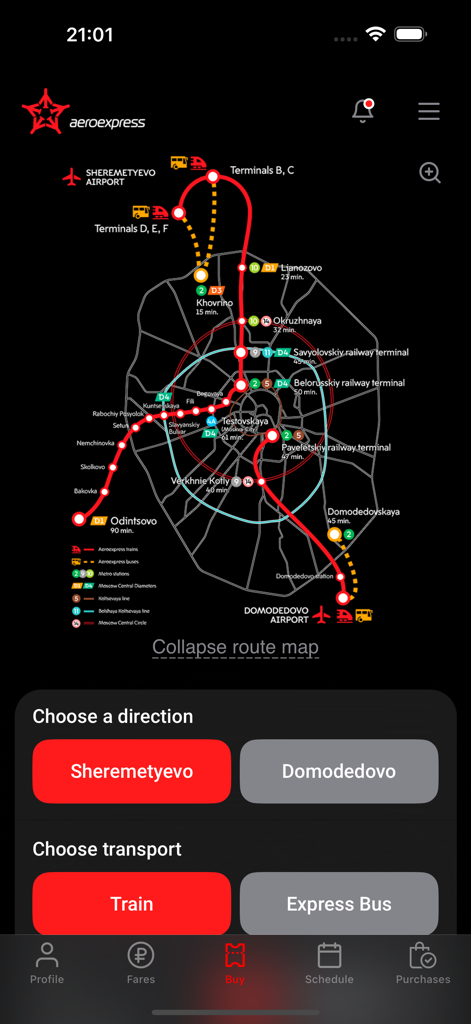 Interfaz de la aplicación Aeroexpress que muestra un mapa de rutas de aeropuertos de Moscú con opciones para elegir entre los aeropuertos de Sheremetyevo y Domodedovo.