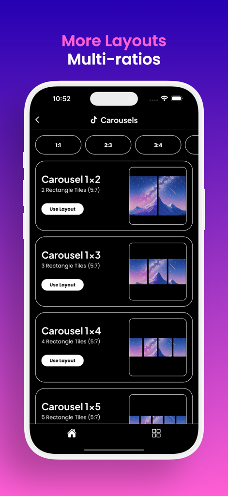 Pixislice - Image Splitter - Pixislice app interface showing multiple carousel layout options and aspect ratio selections for image splitting