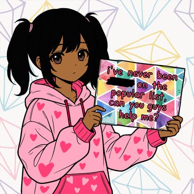 a cute anime girl with a sign saying  i’ve never been on the popular list, can you guys help me?