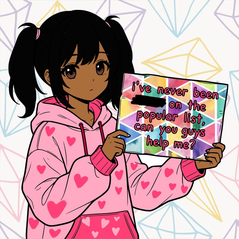 a cute anime girl with a sign saying  i’ve never been on the popular list, can you guys help me?