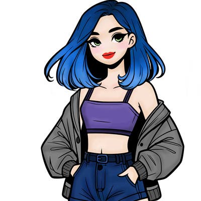 a realistic girl with a crop top and short shorts in an open jacket