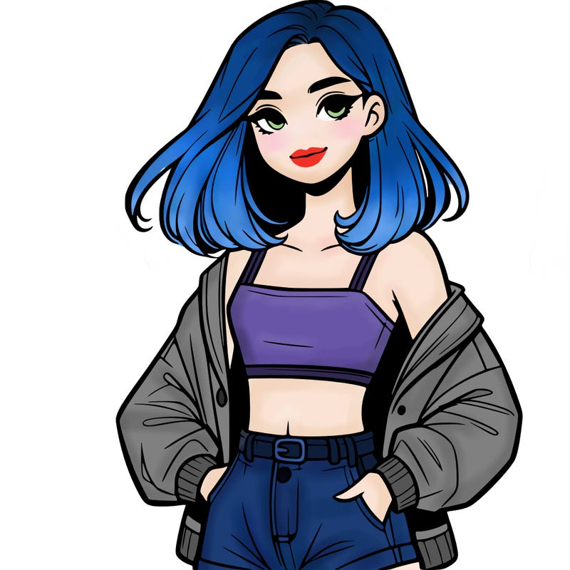 a realistic girl with a crop top and short shorts in an open jacket