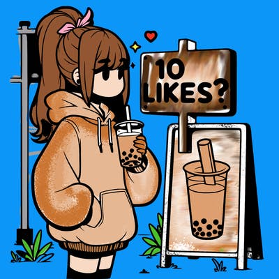 girl with oversized hoodie drinking boba and she has a high ponytail with a sign that says 10likes?
