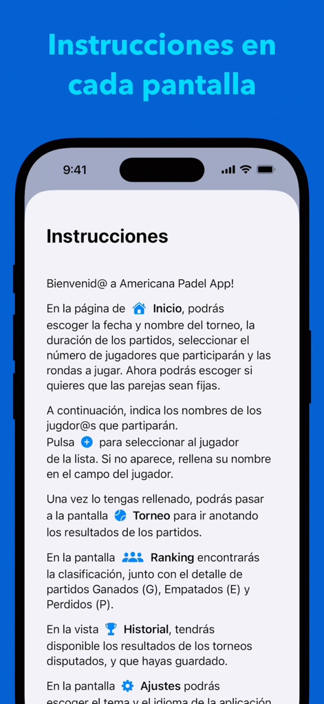 Anleitung-Bildschirm der Americana Padel App mit Einrichtungs- und Spielanleitungen auf Spanisch