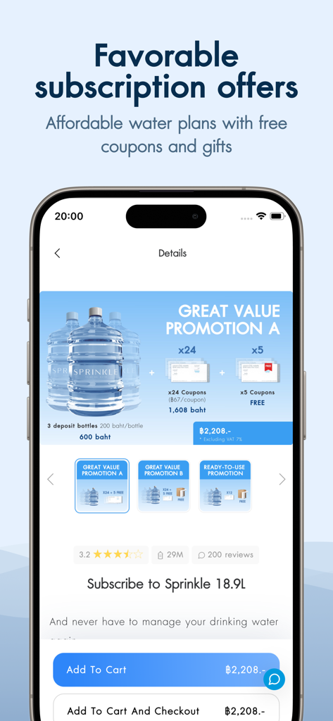 Tela do Sprinkle App mostrando ofertas de assinatura de entrega de água e planos promocionais