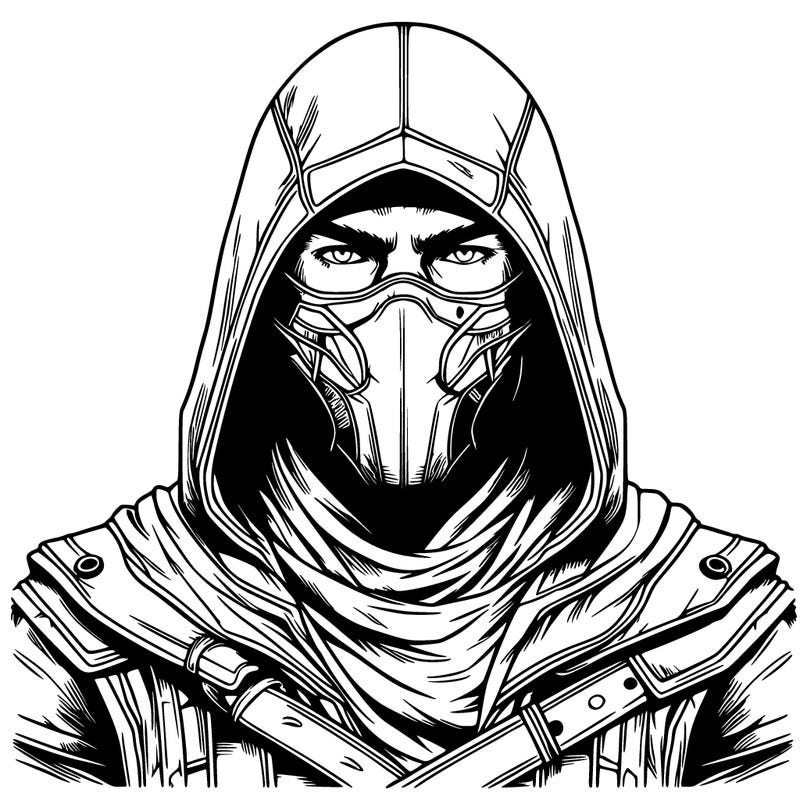 realistic human warrior with a mask and hood on