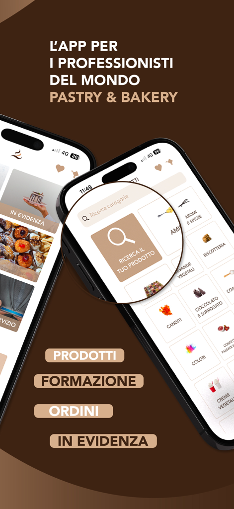 Saima: ordini clienti - Saima mobile app interface for pastry and bakery professionals featuring product categories and search functionality.