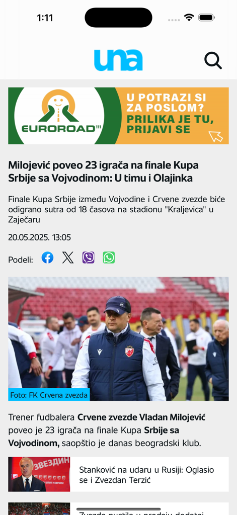 UNA TV - Aplicativo UNA TV exibindo um artigo de notícias esportivas em sérvio sobre a final de uma copa de futebol