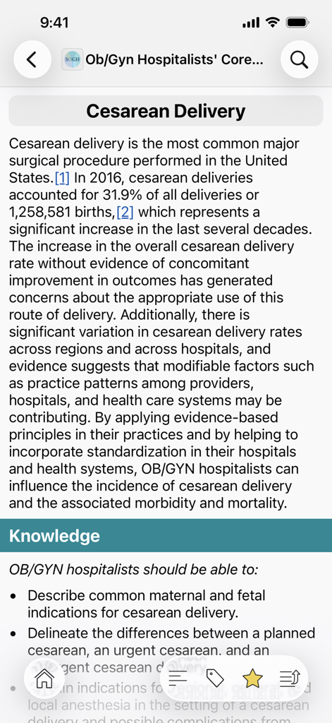 SOGH: OB/GYN Resource Center - Pantalla de la aplicación SOGH OB/GIN Resource Center que detalla las competencias fundamentales de parto por cesárea