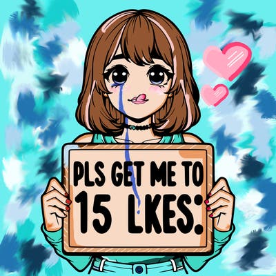 realistic girl holding up a sign that says “pls get me to 15 likes!”